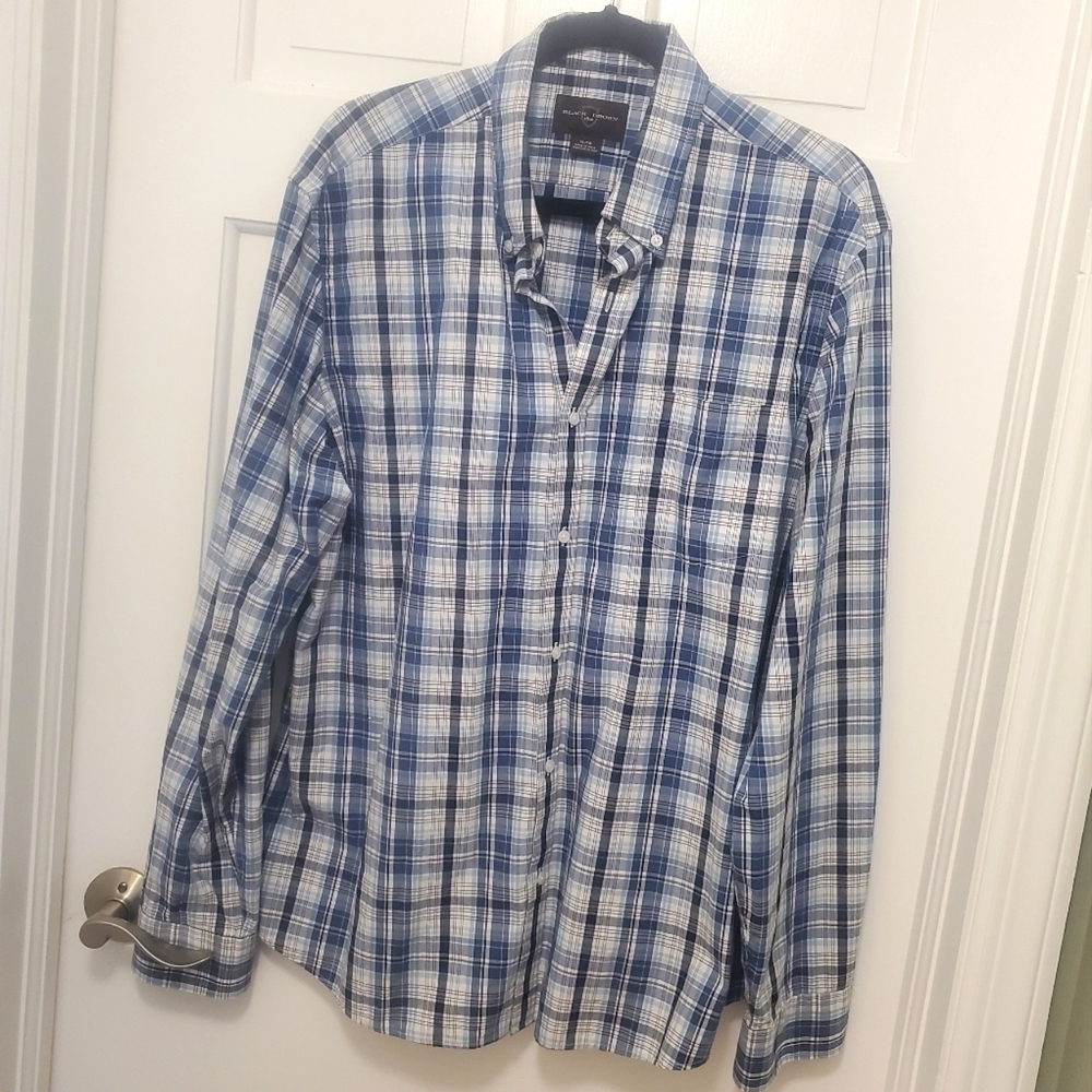 Black Brown 1826 Navy Plaid Button Front Long Sleeve Shirt 100% cotton, Size XL
